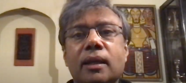 Screengrab of Amit Chaudhuri's face during the interview