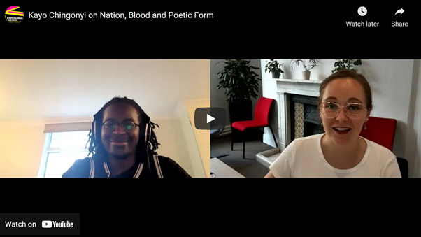 Split screen view of poet Kayo Chingonyi on the left, and interviewer Chelsea Haith on the right.