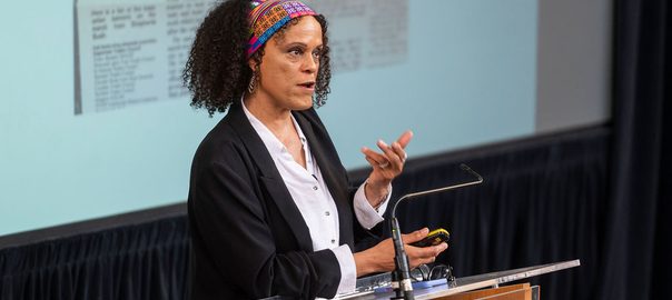 Bernardine Evaristo at a lectern